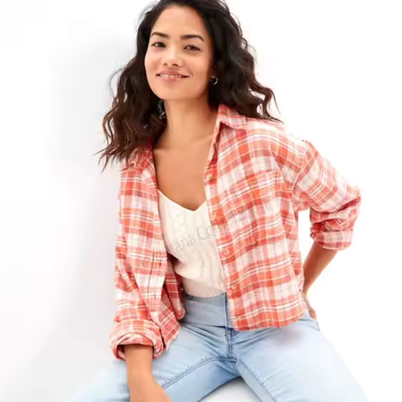 American Eagle Oversized Orange Plaid Distressed Flannel Top - NWOT - Size L - Picture 1 of 12